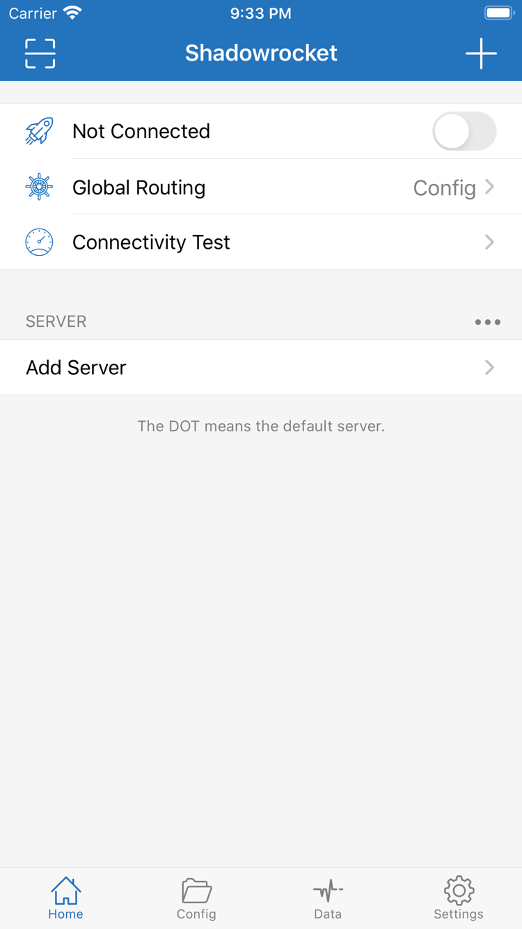 Official Shadowrocket Home screenshot showing the Not Connected switch, Global Routing, and Connectivity Test at the top, with SERVER and Add Server below