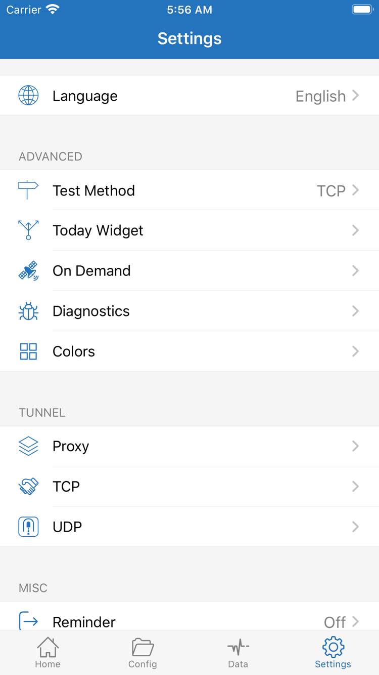 Official Shadowrocket Settings screenshot showing Language, Test Method, Today Widget, On Demand, Diagnostics, Proxy, TCP, and UDP
