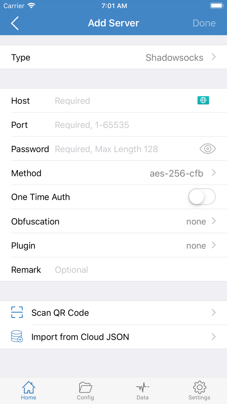 Official Shadowrocket Add Server screenshot showing Type, Host, Port, Password, and Method fields, plus import options at the bottom