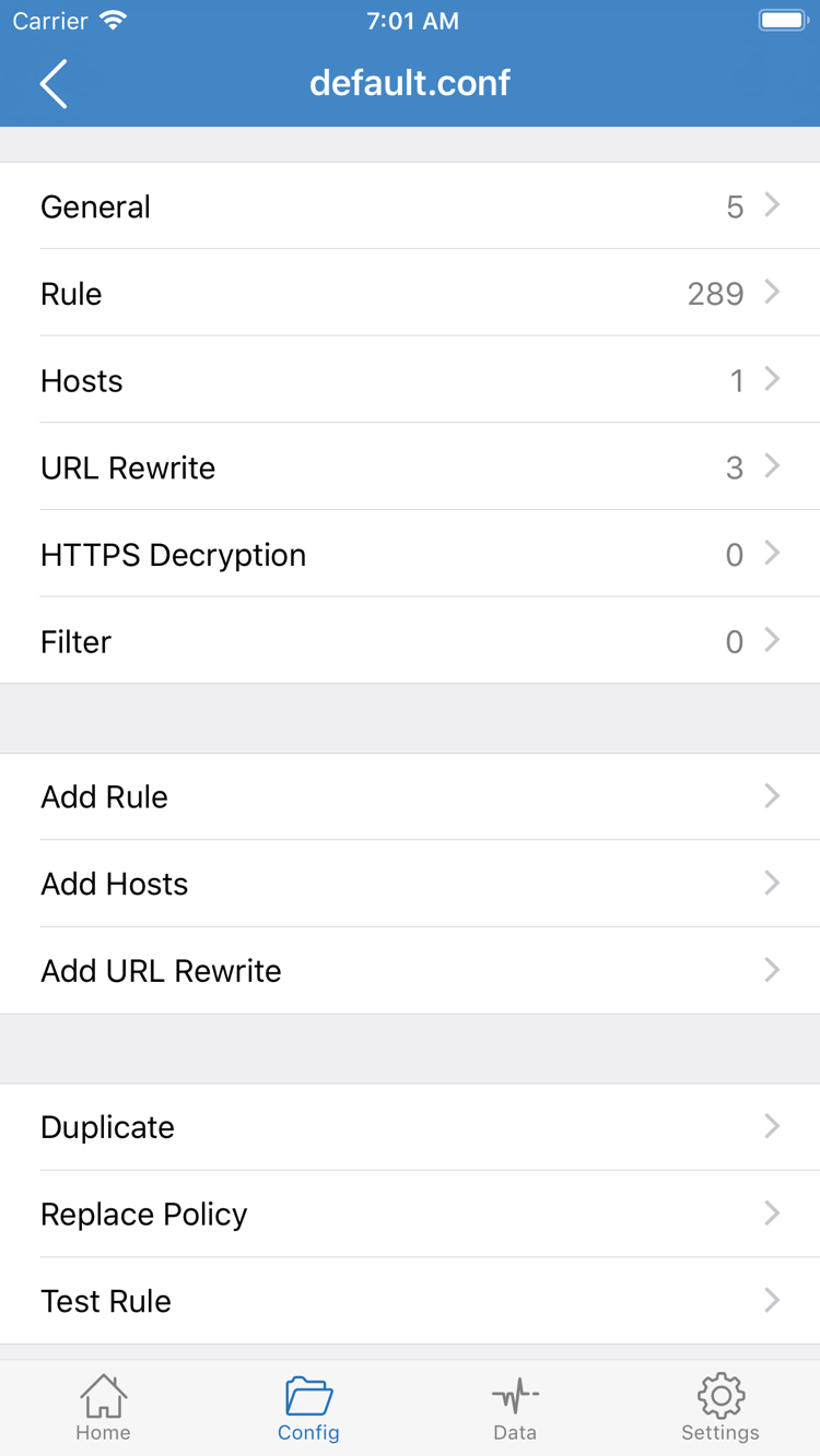 Official Shadowrocket Config screenshot showing the General, Rule, Hosts, URL Rewrite, and HTTPS Decryption sections, plus Add Rule